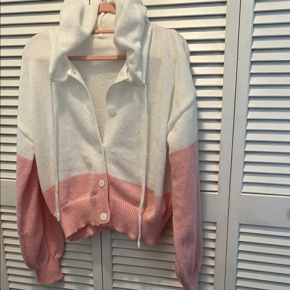 # 0589+ White and Pink Hand Knit Hooded CardiganW/ Polyester Cotton